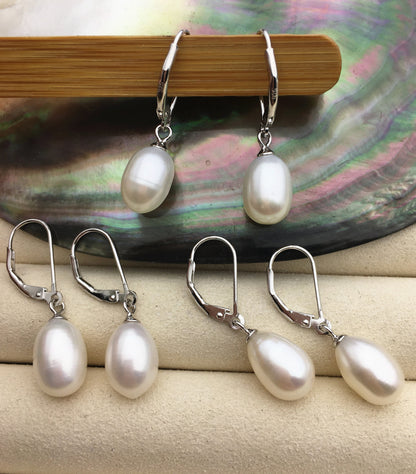 9mm white rice pearl dangling earrings, bridesmaid earring, genuine pearl for wedding anniversary, pearl with france hoop, SE3-074