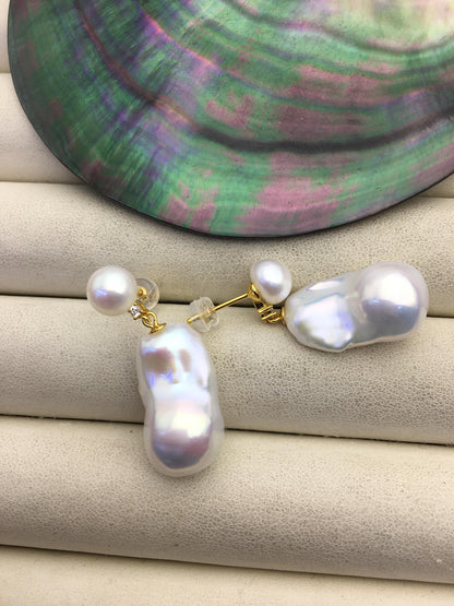 1 pair AAA 13-16mm flame ball pearl diamond stud earrings, sterling silver, earring with white baroque Natural Pearl, SE3-031-37