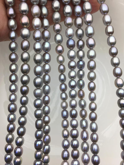AAA+ 6.8-7.5mm*7.5-9mm gray oval freshwater pearls, Cultured white freshwater pearls beads, pearl necklace, pearl wholesale, LR7-T4