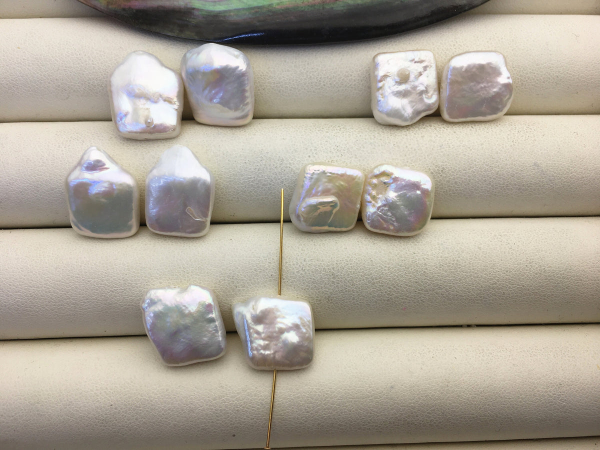 5 pairs AA 12-14mm White Square Shape Freshwater Pearl White loose Beads Piar,wholesale,ZS-103-37-13