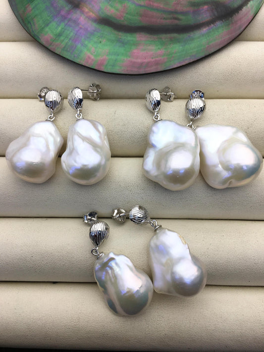 1 pair AAA 13-17mm white flame ball pearl silver shell stud earrings, sterling silver, earring with white baroque Natural Pearl, SE3-031-23