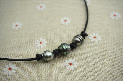HandMade Fashion Three Tahitian pearl Leather Choker Necklace, men or women choker, Black Leather Pearl necklace, Le11-007