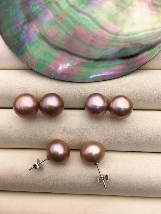 1 pair AAA 11-12mm purple button round edison pearl stud earrings,S925 Sterling Silver stud earrings,SE3-T9-70