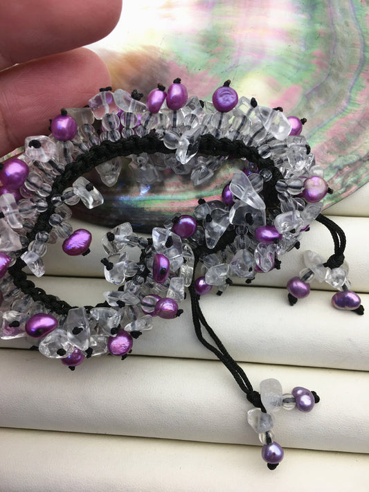 1pc handmade purple pearl and crystal thread bracelet, adjust length, pearl bracelet, knotted freshwater pearl bracelet, Pearls Bracelet, B8-T1