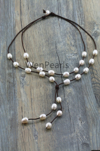 Two Rows Pearl and Leather Necklace, Floating pearl and leather Necklace, Multi-Strand Pearls necklace, Le3-071