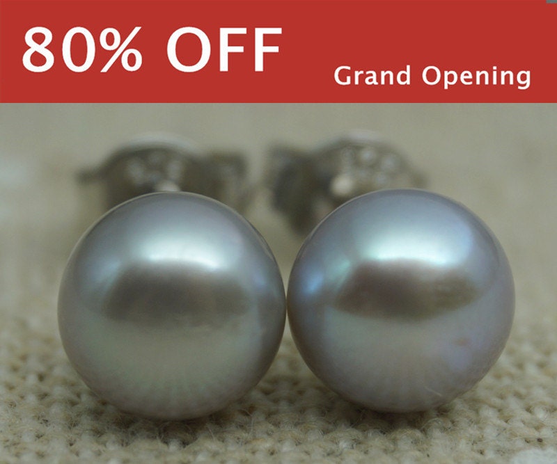 AAA+ 4mm-12mm Gray Pearl Stud Earrings, button round, Select Size, silver grey pearl stud earrings, Sterling Silver, SE1-007