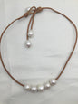 Five Round pearl leather necklace, Leather Pearl Necklace, Light brown Leather Pearl necklace, Le1-027