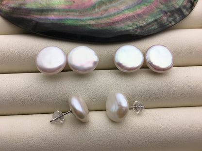 1 pair AA+ 13-14mm White Coin Fresh Water pearl stud earrings,S925 Sterling Silver,dangle pearl earrings,SE3-189