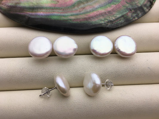 1 pair AA+ 13-14mm White Coin Fresh Water pearl stud earrings,S925 Sterling Silver,dangle pearl earrings,SE3-189