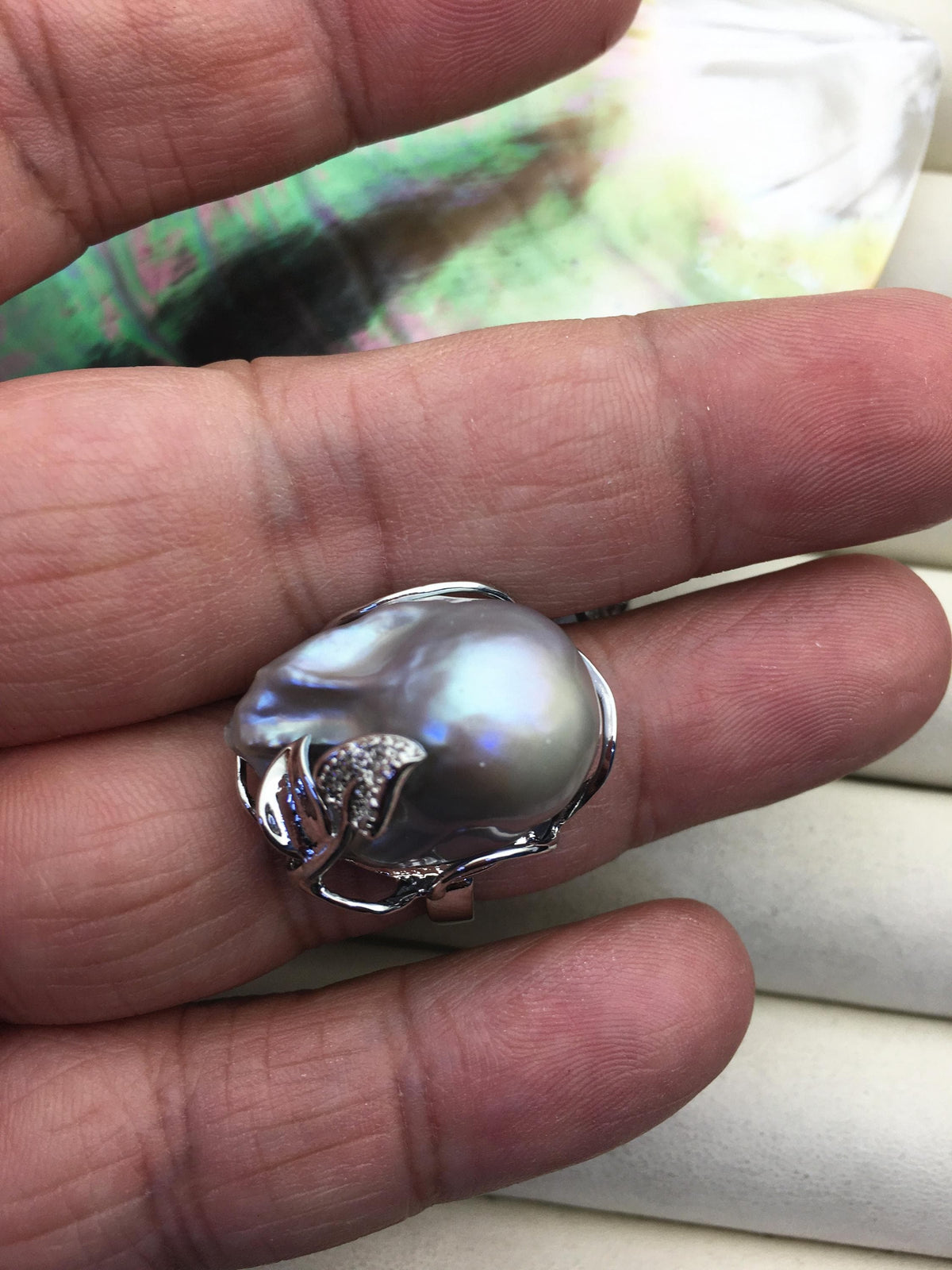 Gray Big Baroque Pearl rings,affordable engagement rings,pearl wedding rings,promise rings for her,R1-039