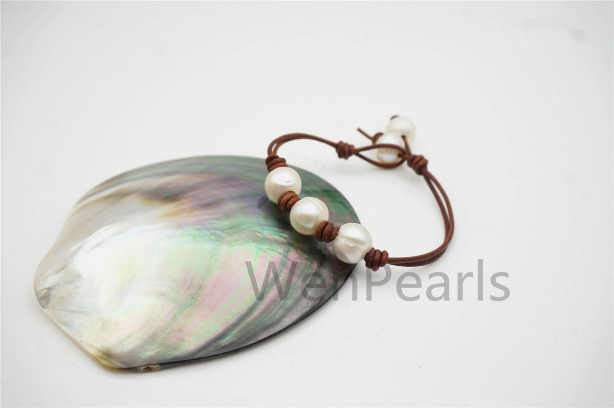 fashion jewelry, White pearl Leather Pearls Bracelet - plait leather bracelet - Select Leather Color - Genuine freshwater pearl - Le7-131