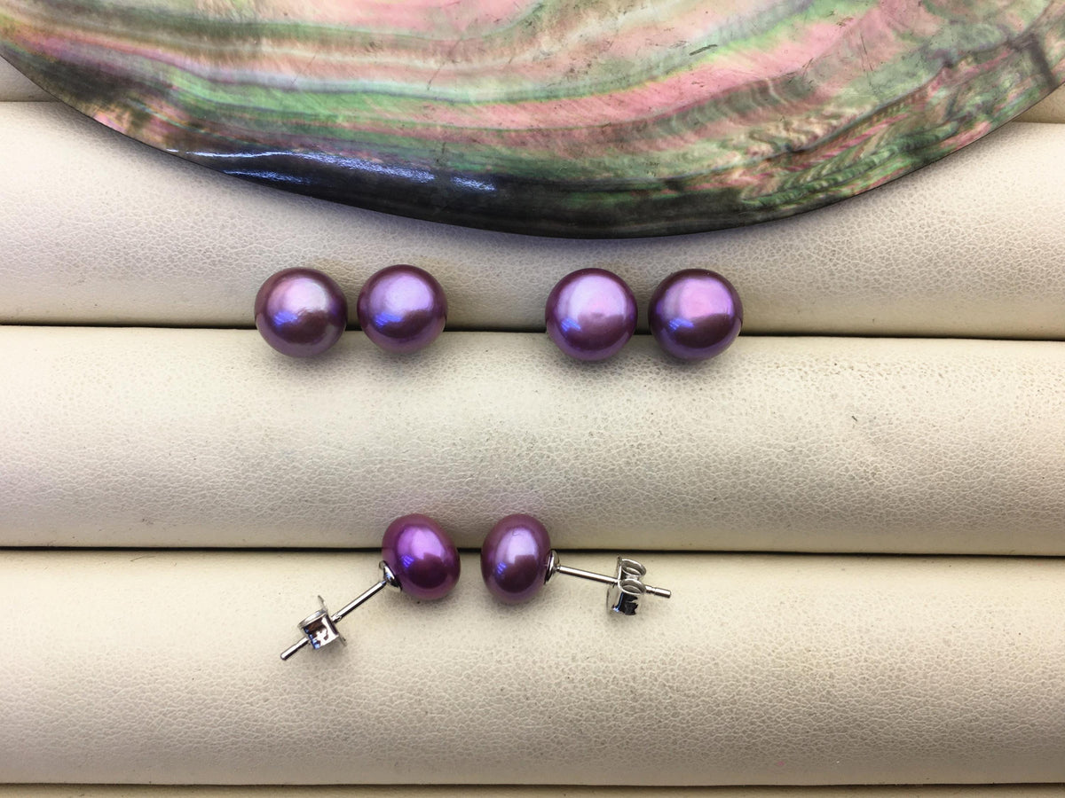 AAA 8-9mm Purple Pearl Stud Earrings, pearl earrings,S925 Sterling Silver,Wedding,classic pearl studs,SE1-009