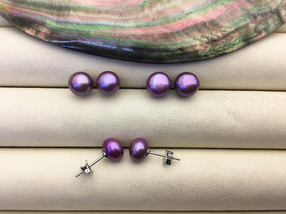 AAA 8-9mm Purple Pearl Stud Earrings, pearl earrings,S925 Sterling Silver,Wedding,classic pearl studs,SE1-009