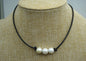 Three pearl necklace, Leather Pearl Choker, Pearl Leather Necklace, White Freshwater pearl, Black Leather Pearl necklace, BROWN, Le1-009