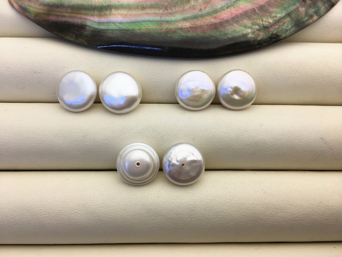 2 pairs AAA 11-12.5mm White Coin Freshwater Loose Pearls Pair,For make Pearl Jewelry,0.9mm half hole,COIN11-3A-1
