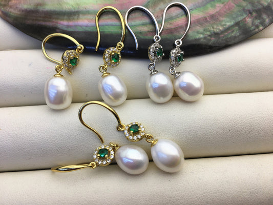 AAA 9mm White rice pearl cz stud earrings,zircon S925 Sterling Silver pearl earrings,green stone earrings,SE3-002