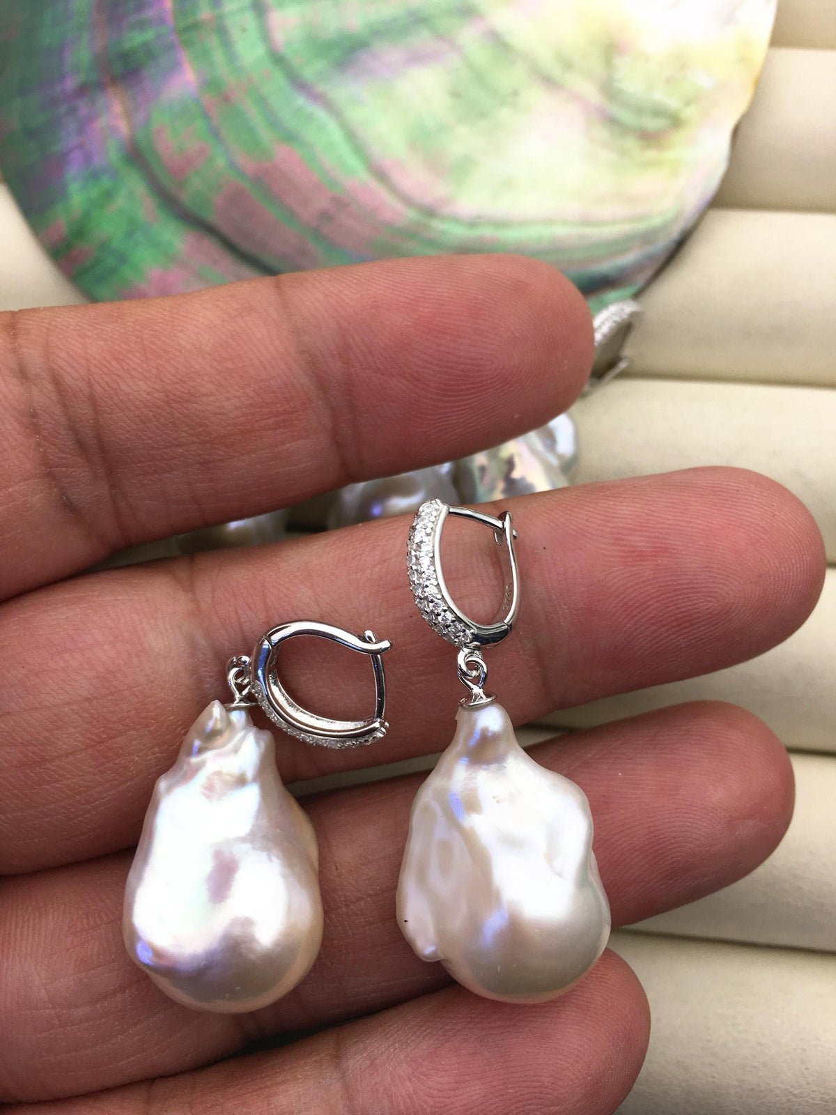1 pair AAA 13-17mm white flame ball pearl diamond hook earrings, sterling silver, earring with white baroque Natural Pearl, SE3-031-19