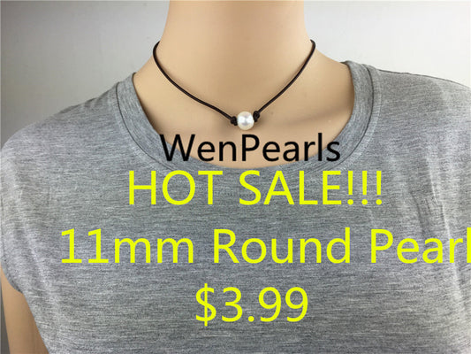 Hot sale! 11mm Round pearl necklace, Leather Pearl Choker, Pearl Leather Necklace, White Freshwater pearl, Black Leather Pearl necklace, Le1-001