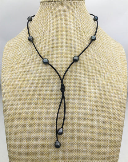 real tahitian pearl floating drop part leather Necklace, black, brown Leather color Pearl necklace, Leather pearl necklace, Le11-029