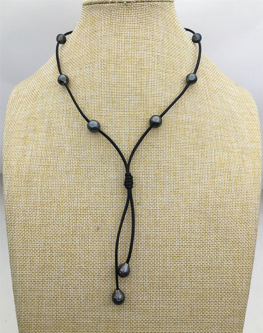 real tahitian pearl floating drop part leather Necklace, black, brown Leather color Pearl necklace, Leather pearl necklace, Le11-029