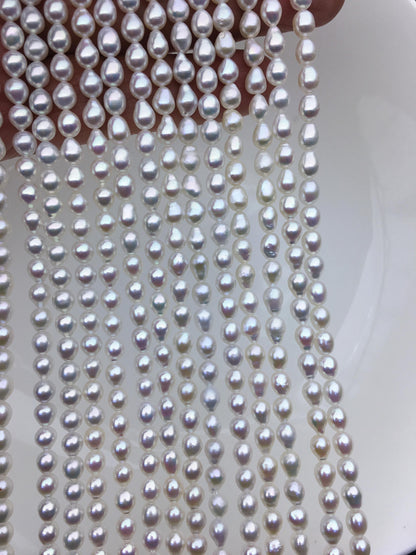 AA+ 4.7-5.1mm*5.5-7mm white baroque rice pearls, Cultured white freshwater pearls beads, teardrop pearl necklace, rice pearl wholesale, LR5-A-1