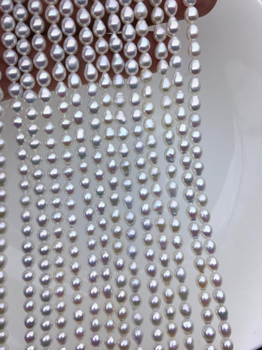 AA+ 4.7-5.1mm*5.5-7mm white baroque rice pearls, Cultured white freshwater pearls beads, teardrop pearl necklace, rice pearl wholesale, LR5-A-1