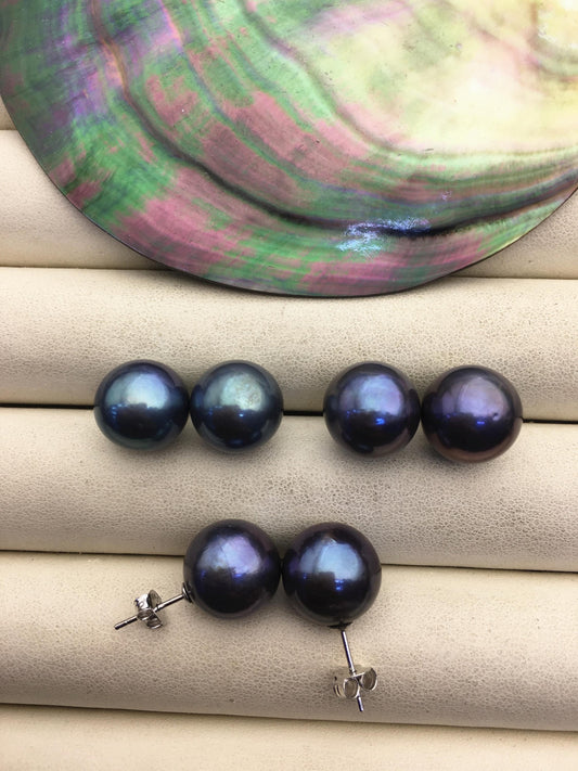 1 pair AA+ 12-13mm black round edison pearl stud earrings, S925 Sterling Silver stud earrings, wedding pearl earrings, SE3-T9-39