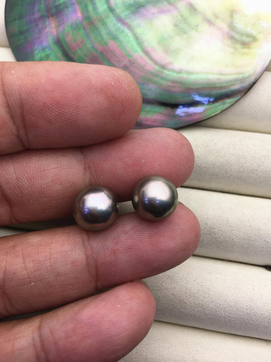 1 pair AAA 10.5-11mm gray rainbow round edison pearl stud earrings, S925 Sterling Silver stud earrings, wedding pearl earrings, SE3-T9-10