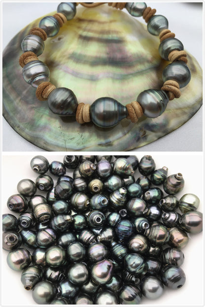 Real Green Tahitian pearl bracelet, High Luster pearl, Pearl Leather bracelet, Taitian pearl bracelet, Black Leather Pearl bracelet, Le10-002
