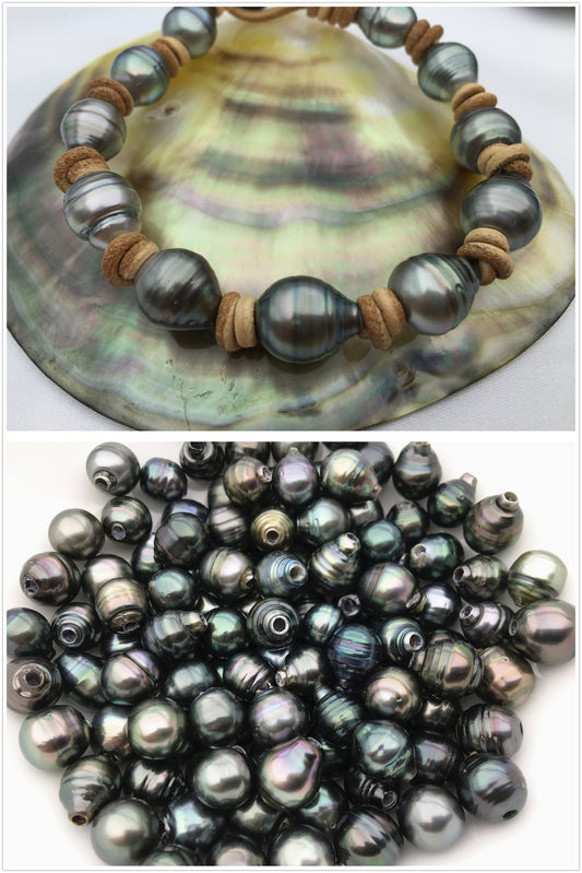 Real Green Tahitian pearl bracelet, High Luster pearl, Pearl Leather bracelet, Taitian pearl bracelet, Black Leather Pearl bracelet, Le10-002