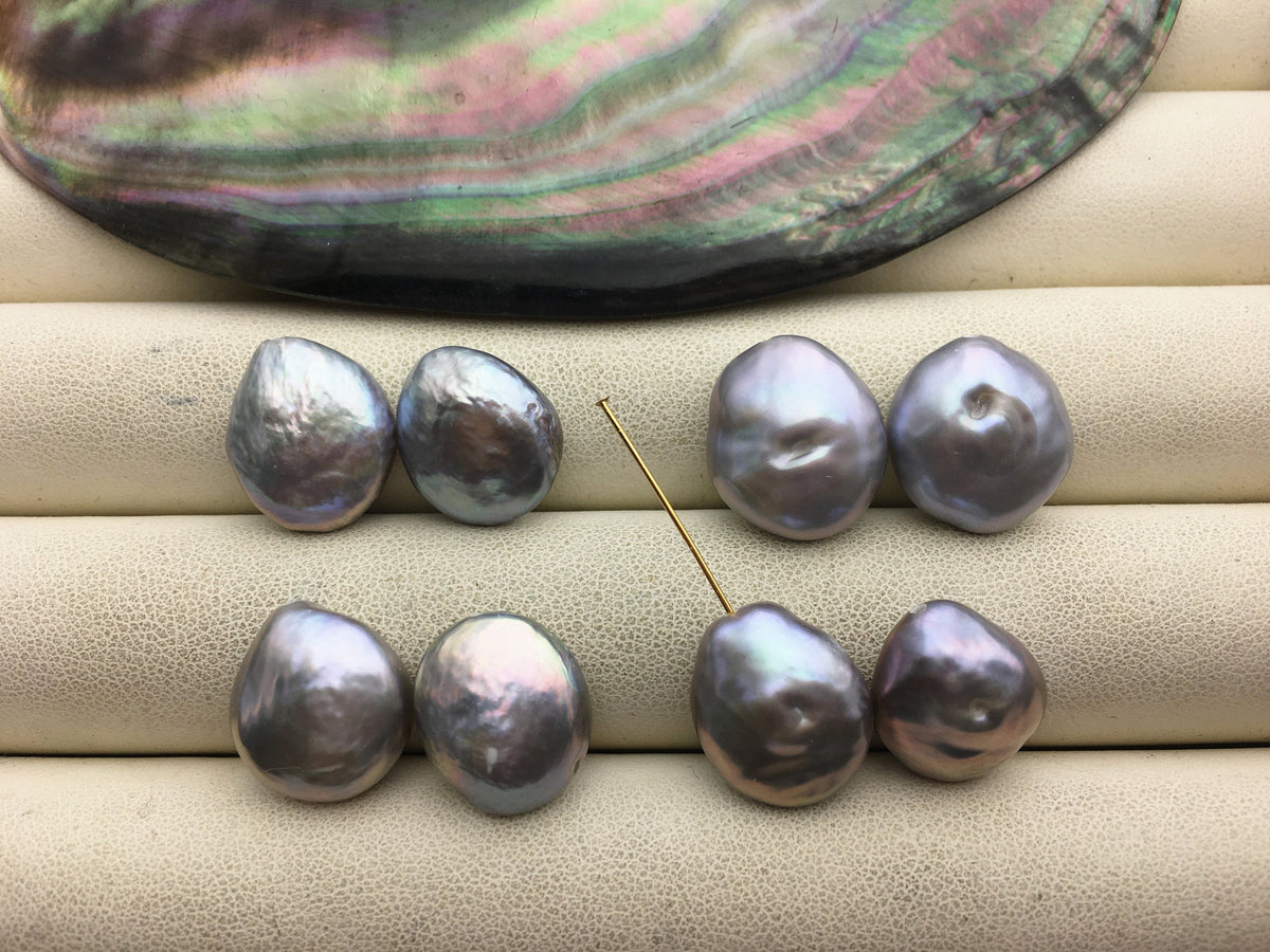 1 pair 13-15mm Thick Gray drop coin Freshwater Pearls Pair, high luster- Coin Pearl-petite Pearl- Pearl Jewelry, ZS-103-37-9