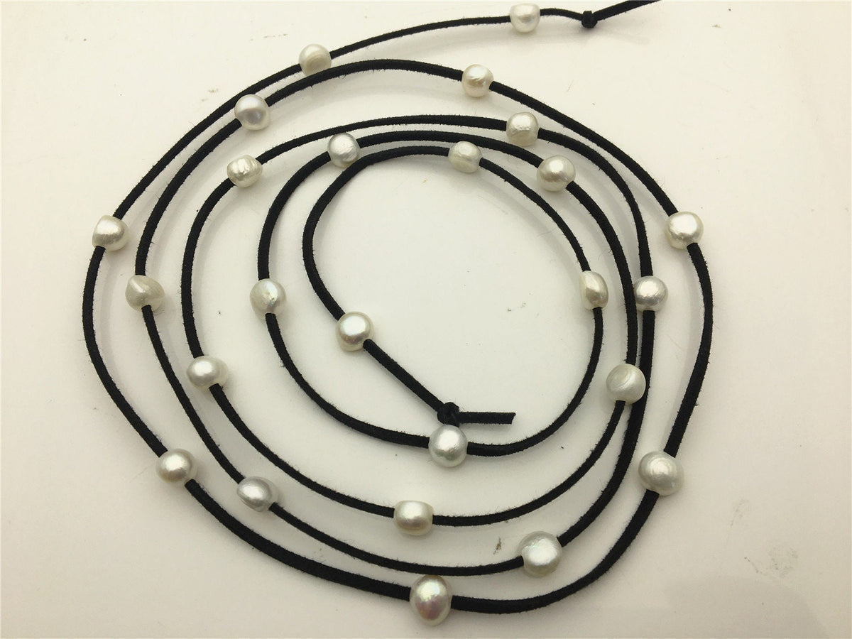 68 inches White Nugget Freshwater Pearl Wrap Bracelet Necklace Anklet on Black Brown Gray Suede Cord Multi Strands for Women, Le15-004