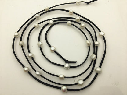 68 inches White Nugget Freshwater Pearl Wrap Bracelet Necklace Anklet on Black Brown Gray Suede Cord Multi Strands for Women, Le15-004