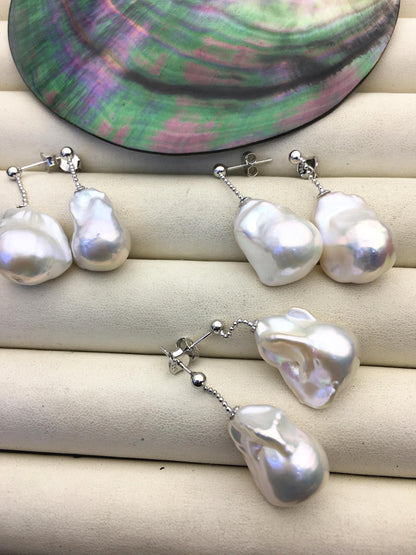 1 pair AAA 13-17mm white flame ball pearl stud earrings, sterling silver, earring with white baroque Natural Pearl, SE3-031-24