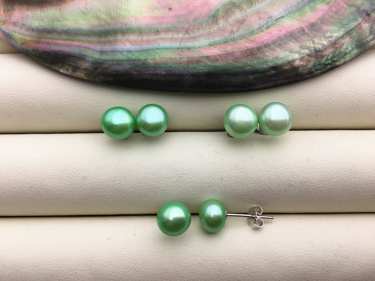 AAA 8-8.5mm Green Button Round Pearl stud earrings,Sterling Silver,SE1-022
