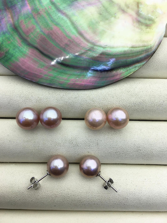 1 pair AAA- 9-10mm purple round edison pearl stud earrings, S925 Sterling Silver stud earrings, wedding pearl earrings, SE3-T9-11