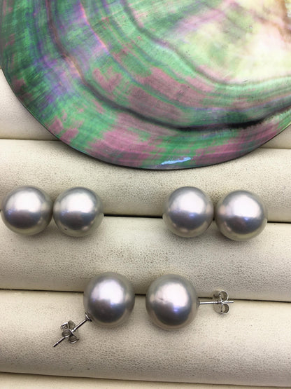 1 pair AAA 10-15mm gray rainbow round edison pearl stud earrings, S925 Sterling Silver stud earrings, wedding pearl earrings, SE3-T9-57
