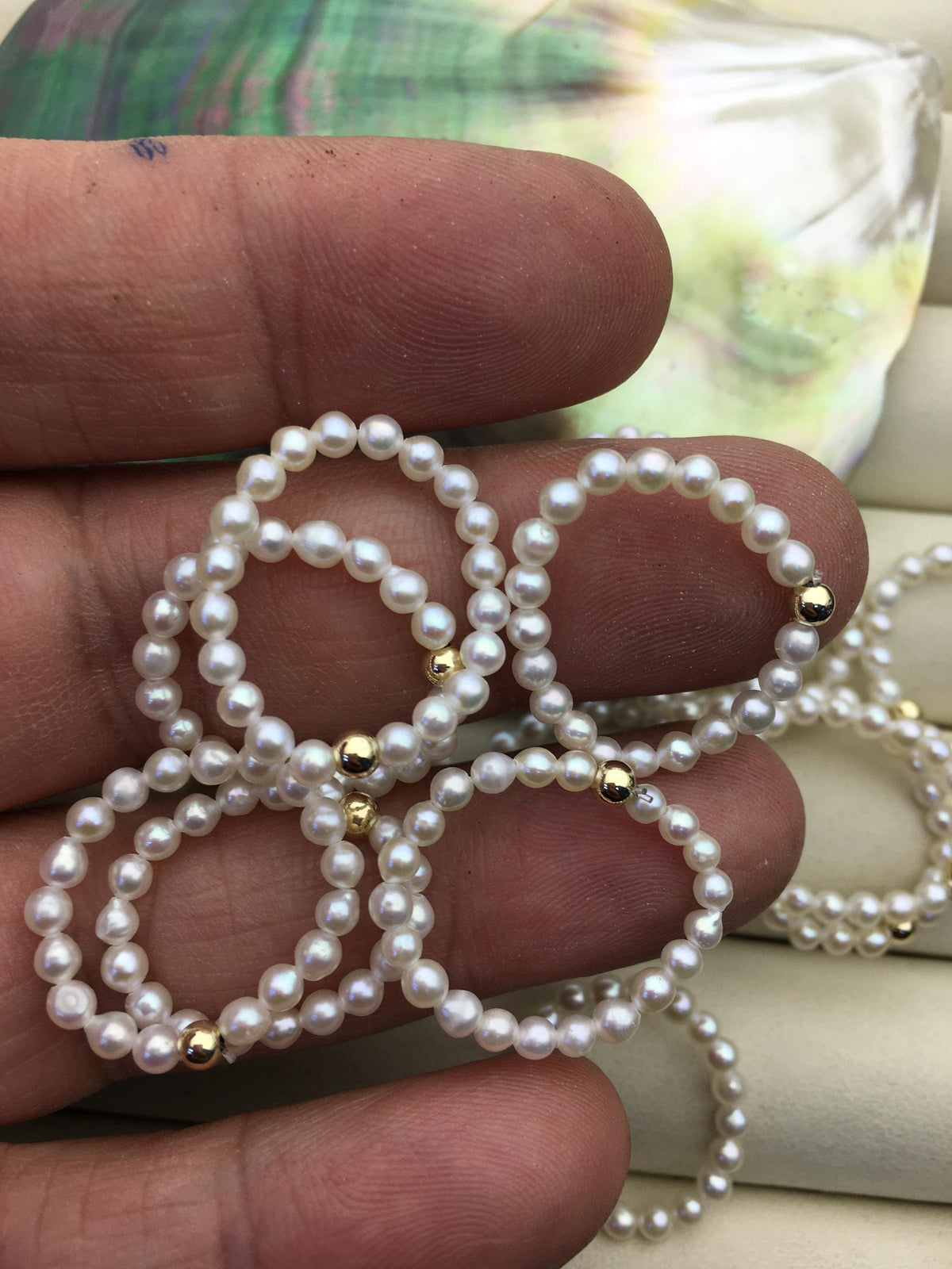 2pcs Fashion AAA 3mm tiny white oval pearl 14k goldfilled gold ball elastic ring,R1-001