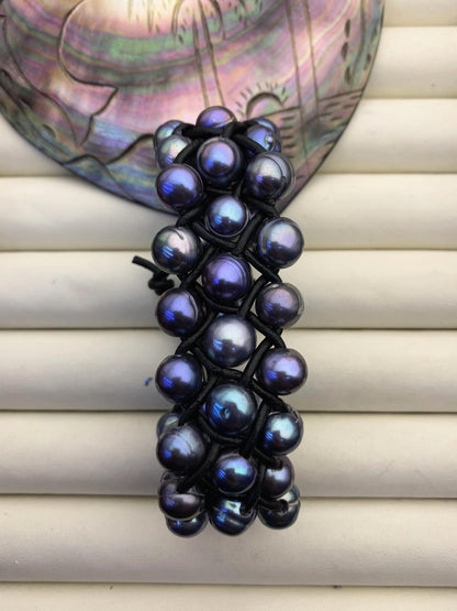 Three rows deep blue pearl bracelet, Leather Pearls Bracelet, Handmade Cuff, White Pearls on Brown Leather, Black leather bracelet, Le7-095