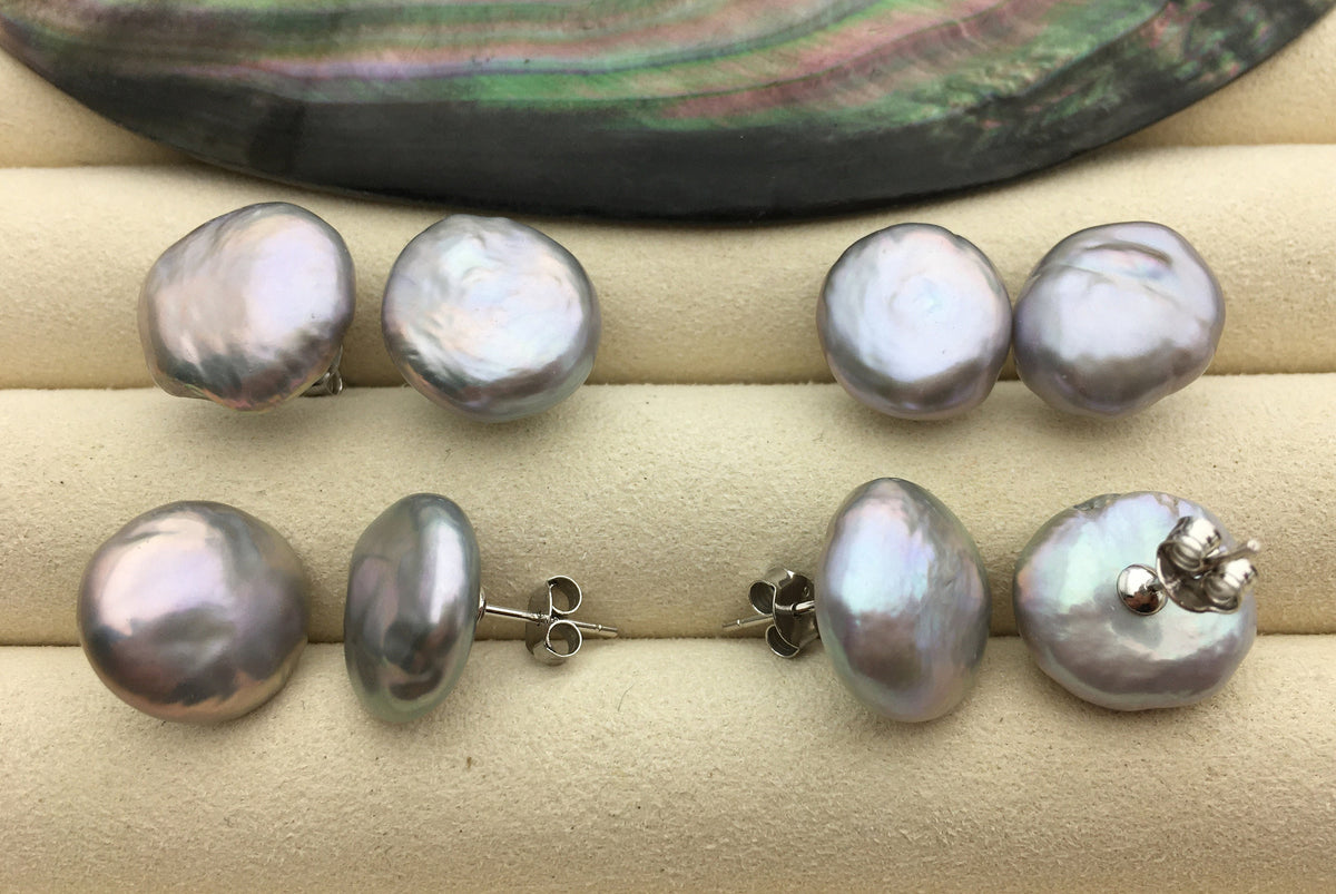 AA+ 12-14.5mm Gray Thick Coin Fresh Water pearl stud earrings,S925 Sterling Silver,dangle pearl earrings,SE3-186-2