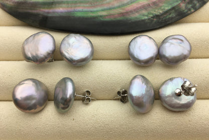 AA+ 12-14.5mm Gray Thick Coin Fresh Water pearl stud earrings,S925 Sterling Silver,dangle pearl earrings,SE3-186-2