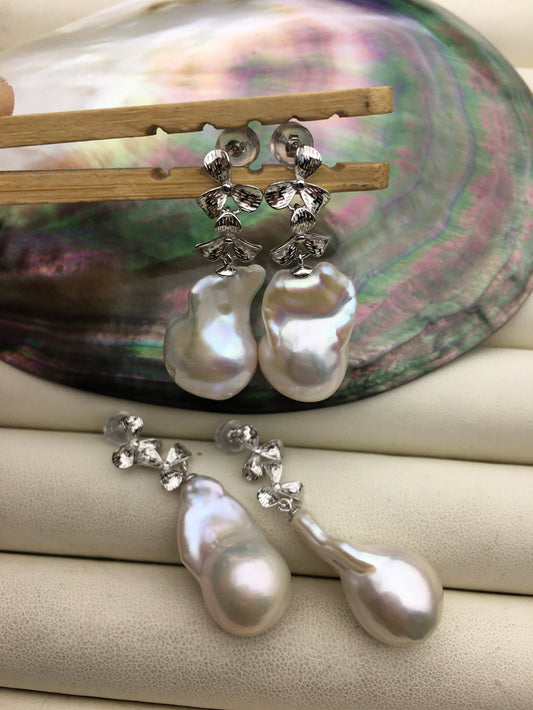 1 pair AA+ 14-16mmx20-28mm flame ball pearl stud earrings, sterling silver, earring with white baroque Natural Pearl, SE3-031-2