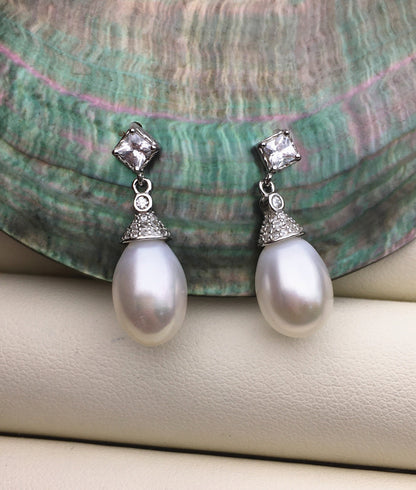 AAA 9mm White rice pearl cz stud earrings,zircon S925 Sterling Silver pearl earrings,pearl for women for girl,SE3-046