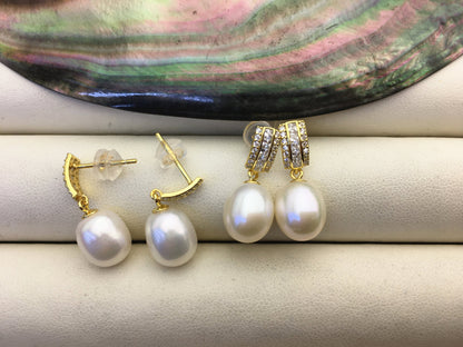 AAA 9mm White rice pearl cz stud earrings,S925 Sterling Silver pearl earrings,pearl for women for girl,SE3-018