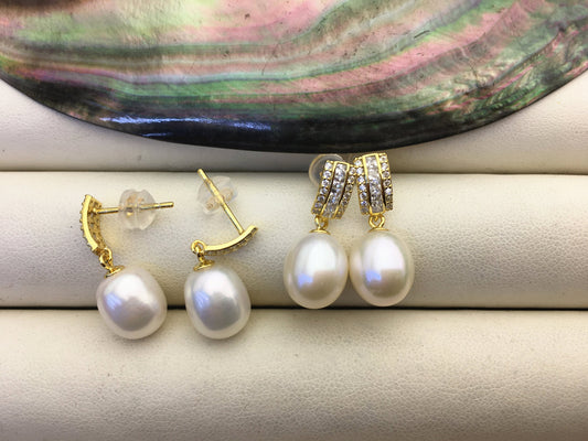 AAA 9mm White rice pearl cz stud earrings,S925 Sterling Silver pearl earrings,pearl for women for girl,SE3-018