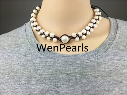 9-10mm leather pearl necklace, pearl leather bracelet, Freshwater pearl and leather necklace, Baroque pearl necklace, wholesale, Le1-063