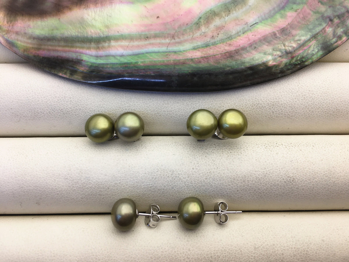 AAA 7.5-8mm Green Pearl stud earrings,Sterling Silver,SE1-028
