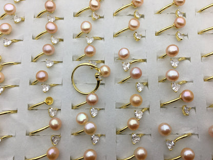 6pcs Gold Open AAA pink pearl ring, inexpensive engagement rings, fashion rings, fake diamond rings real pearls, inexpensive ring, R1-088-7