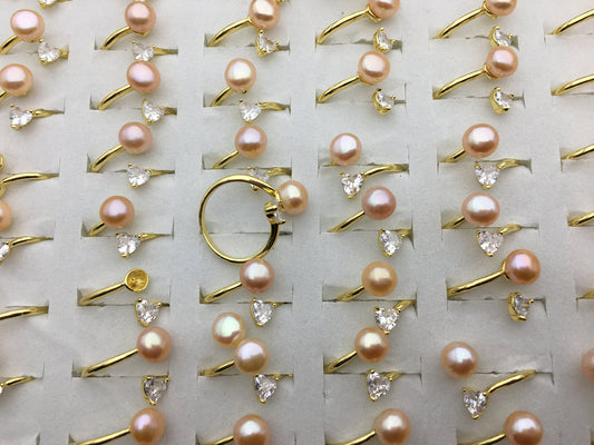 6pcs Gold Open AAA pink pearl ring, inexpensive engagement rings, fashion rings, fake diamond rings real pearls, inexpensive ring, R1-088-7