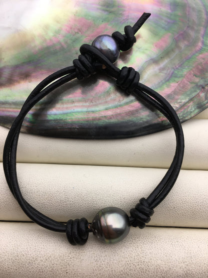 11-13mm big Single Drop Green Black Tahitian pearl Leather Cord bracelet, SELECT leather color, Pearl Leather bracelet, Le10-006